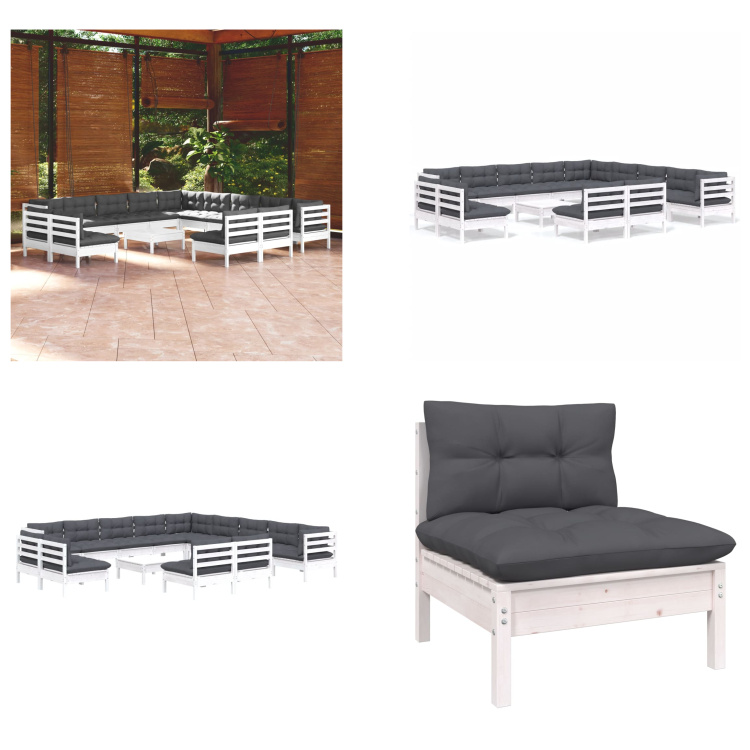 vidaXL 14-częściowy zestaw wypoczynkowy do ogrodu z poduszkami biała lita sosna - Zestaw wypoczynkowy do ogrodu - Zestawy wypoczynkowe do ogrodu - Zestawy mebli ogrodowych - Zestawy mebli ogrodowych