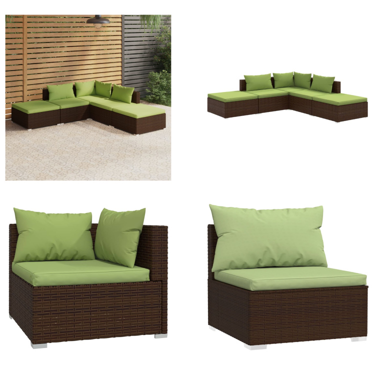 vidaXL 5-częściowy zestaw wypoczynkowy do ogrodu z poduszkami z rattanu w kolorze brązowym - zestaw wypoczynkowy do ogrodu - zestawy wypoczynkowe do ogrodu - zestaw wypoczynkowy na patio - zestaw sof ogrodowych