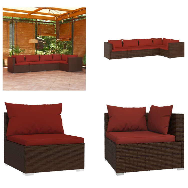 vidaXL 5-częściowy zestaw wypoczynkowy do ogrodu z poduszkami z rattanu w kolorze brązowym - zestaw wypoczynkowy do ogrodu - zestawy wypoczynkowe do ogrodu - zestaw wypoczynkowy na patio - zestaw sof ogrodowych