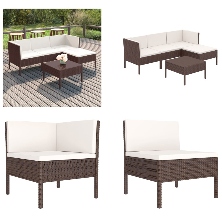 vidaXL 5-częściowy zestaw wypoczynkowy do ogrodu z poduszkami z polirattanu brązowy - Zestaw sof ogrodowych - Zestawy sof ogrodowych - Zestawy sof ogrodowych - Zestawy sof ogrodowych