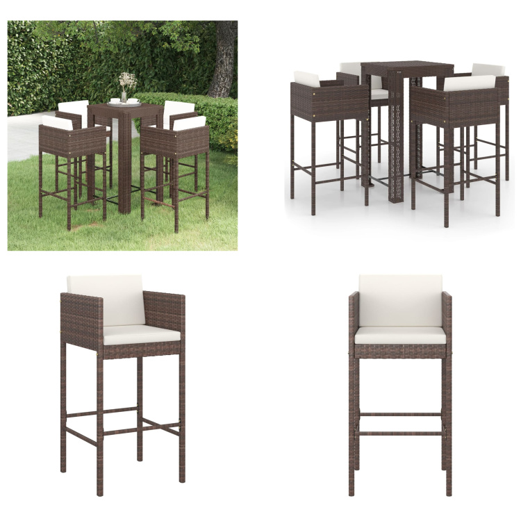 vidaXL 5-częściowy ogrodowy zestaw barowy z poduszkami z rattanu w kolorze brązowym - ogrodowy zestaw barowy - ogrodowy zestaw barowy - ogrodowy zestaw jadalny - ogrodowe zestawy jadalne