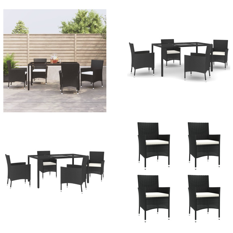 vidaXL 5-częściowy ogrodowy zestaw jadalny z poduszkami z czarnego polirattanu - ogrodowy zestaw jadalny - ogrodowe zestawy jadalne - zestaw jadalny - zestaw jadalny na taras