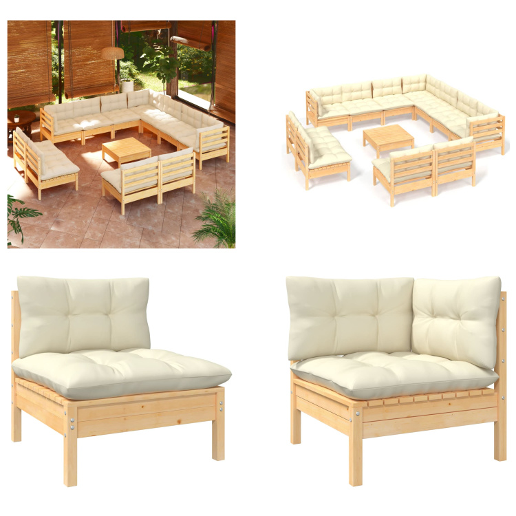 vidaXL 12-częściowy zestaw wypoczynkowy do ogrodu z kremowymi poduszkami z litego drewna sosnowego - Zestaw wypoczynkowy do ogrodu - Zestawy wypoczynkowe do ogrodu - Zestawy mebli ogrodowych - Zestawy mebli ogrodowych
