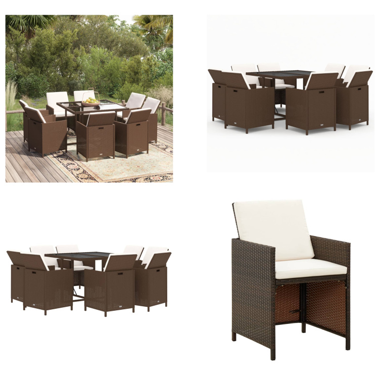 vidaXL 9-częściowy ogrodowy zestaw jadalniany z poduszkami z polirattanu brązowy - ogrodowy zestaw jadalniany - ogrodowy zestaw jadalniany - zestaw jadalniany z polirattanu - zestaw jadalniany na zewnątrz