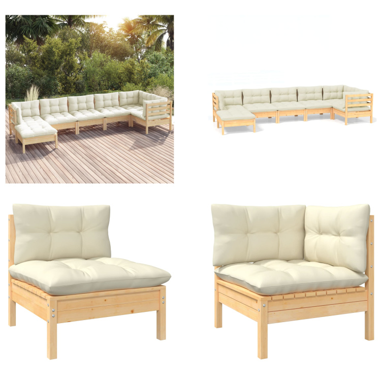vidaXL 7-częściowy zestaw wypoczynkowy do ogrodu z kremowymi poduszkami z litego drewna sosnowego - Zestaw wypoczynkowy do ogrodu - Zestawy wypoczynkowe do ogrodu - Zestawy mebli ogrodowych - Zestawy mebli ogrodowych