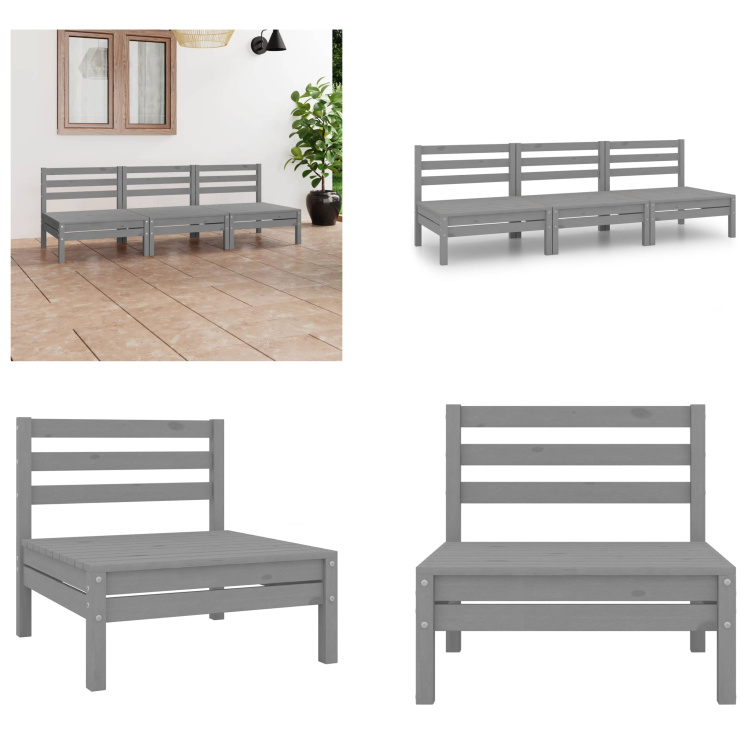 vidaXL 3-częściowy zestaw wypoczynkowy do ogrodu z litej sosny w kolorze szarym - Zestaw wypoczynkowy do ogrodu - Zestawy wypoczynkowe do ogrodu - Zestawy wypoczynkowe - Zestawy wypoczynkowe