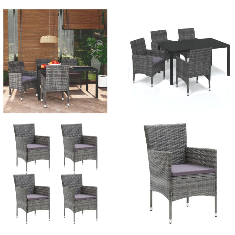 vidaXL 5-częściowy ogrodowy zestaw do jadalni z poduszkami z szarego rattanu - Zestaw do jadalni - Zestawy do jadalni - Ogrodowy zestaw do jadalni - Ogrodowe zestawy do jadalni