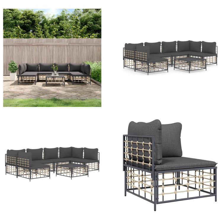 vidaXL 7-częściowy zestaw wypoczynkowy do ogrodu z poduszkami antracytowy rattan - Zestaw wypoczynkowy do ogrodu - Zestawy wypoczynkowe do ogrodu - Zestaw wypoczynkowy - Meble ogrodowe