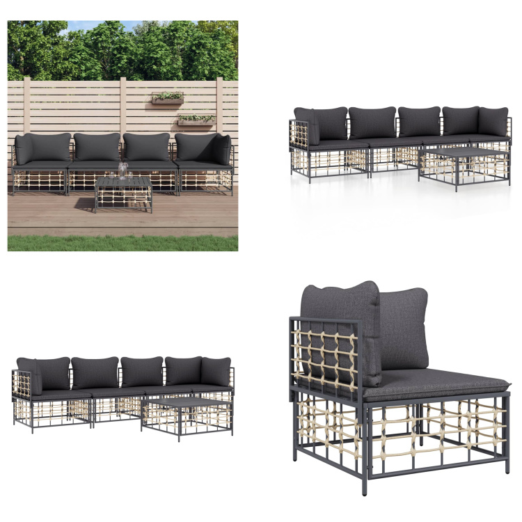 vidaXL 5-częściowy zestaw wypoczynkowy do ogrodu z poduszkami antracytowy rattan - Zestaw wypoczynkowy do ogrodu - Zestawy wypoczynkowe do ogrodu - Zestaw wypoczynkowy - Meble ogrodowe