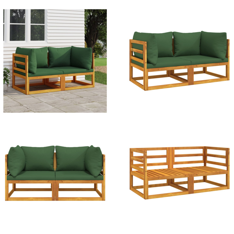 vidaXL Modułowe sofy narożne 2 szt. z zielonymi poduszkami z litego drewna akacjowego - Sofa narożna - Sofy narożne - Meble ogrodowe - Sofa ogrodowa