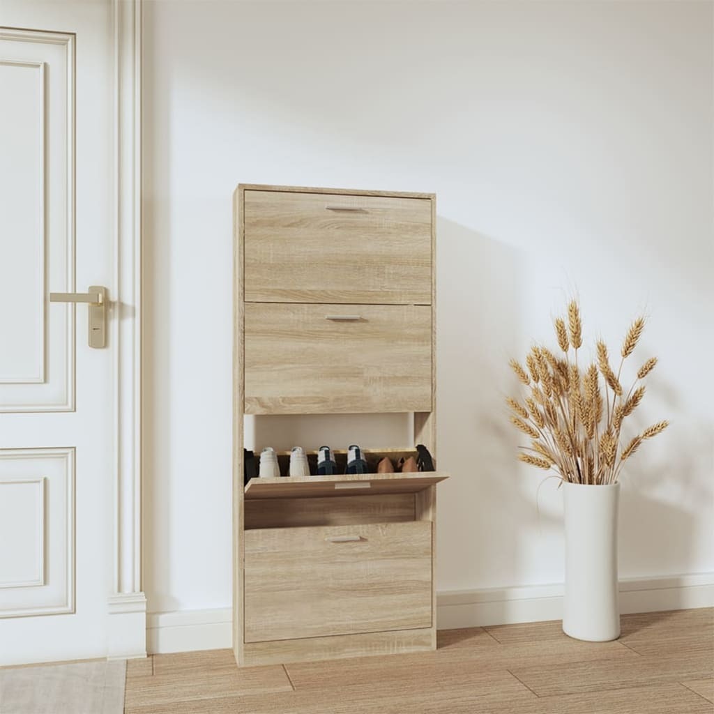 vidaXL Szafka na buty dąb 59x17x150 cm materiał drewnopochodny - Stojak na buty - Półki na buty - Przechowywanie butów - Szafka na buty