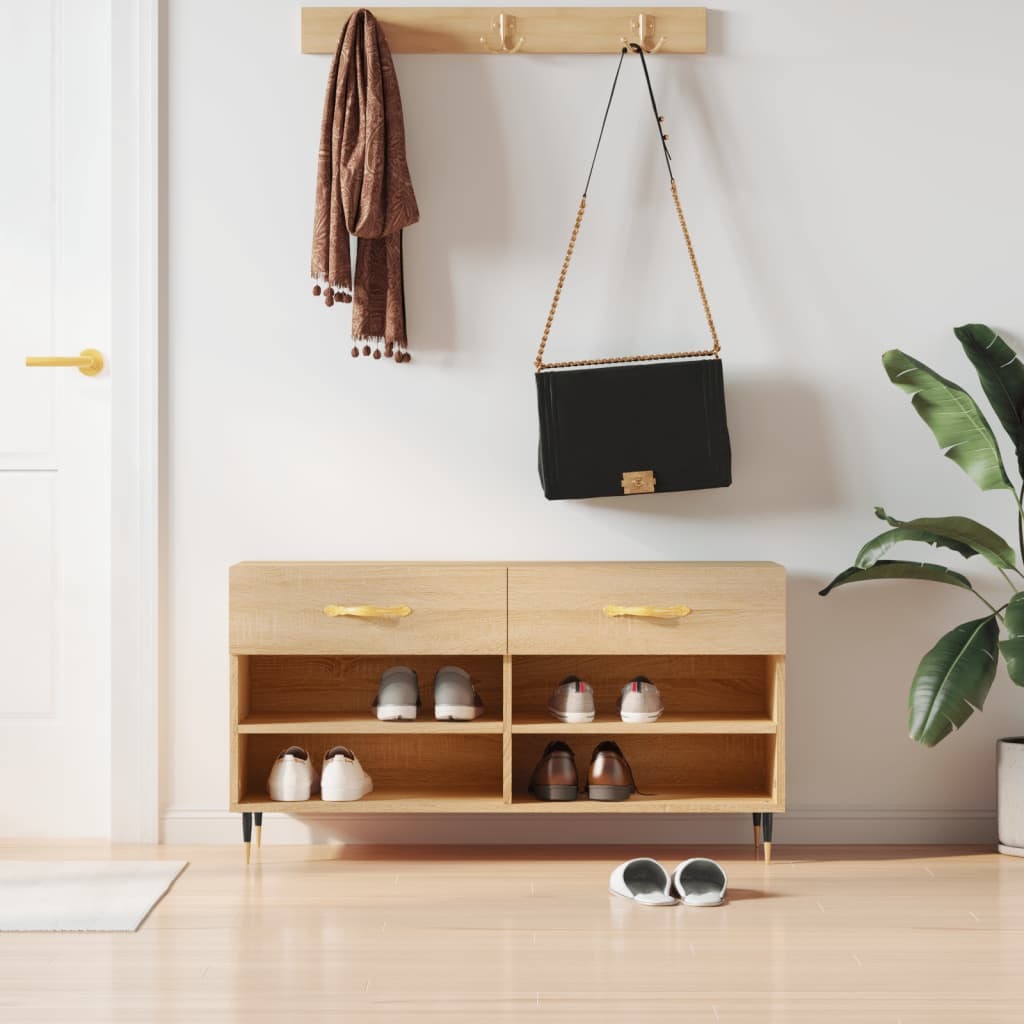 vidaXL Ławka na buty dąb sonoma 102x35x55 cm materiał drewnopochodny - Ławka na buty - Ławki na buty - Ławka z miejscem do przechowywania - Stojak na buty