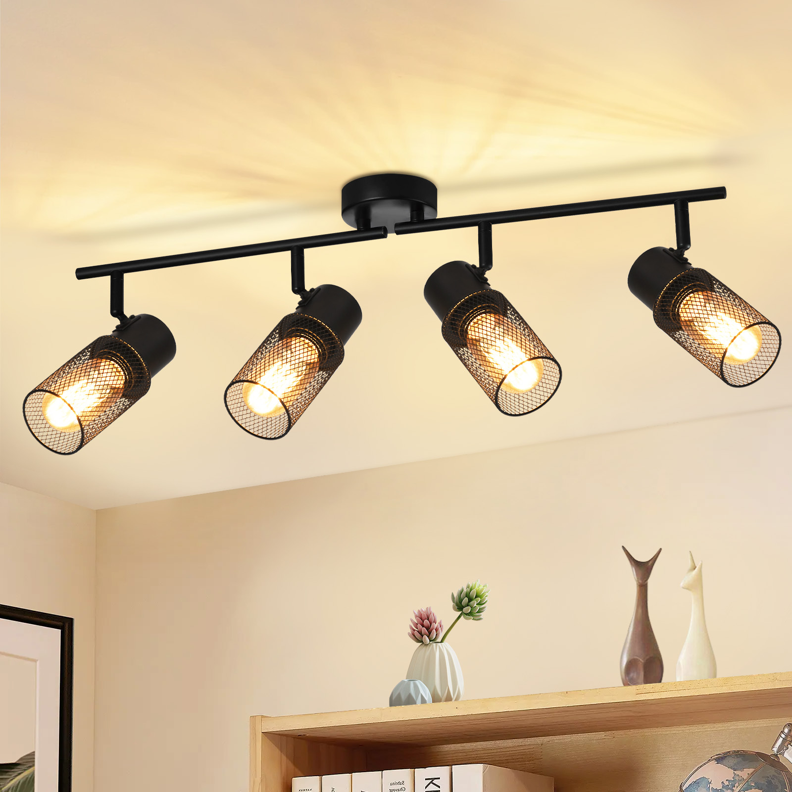 ZMH Lampa Sufitowa Czarna Metalowa 4 Płomienna Vintage E27 Lampa Sufitowa Sufitowa Obrotowa 330° Kątowa Wewnętrzna Do Przedpokoju Salonu Sypialni Kuchni