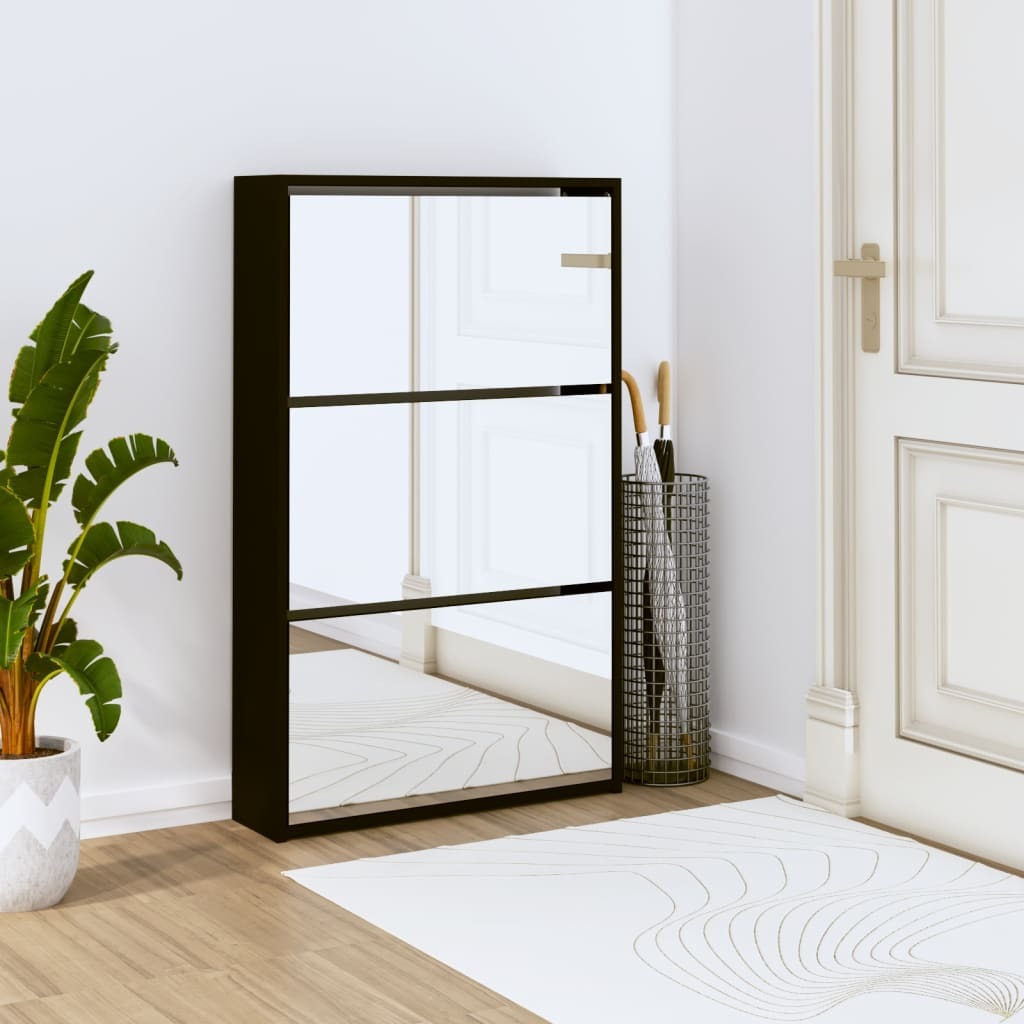 The Living Store Szafka na buty z lustrem 3 przegrody Czarna 63x17x102,5 cm