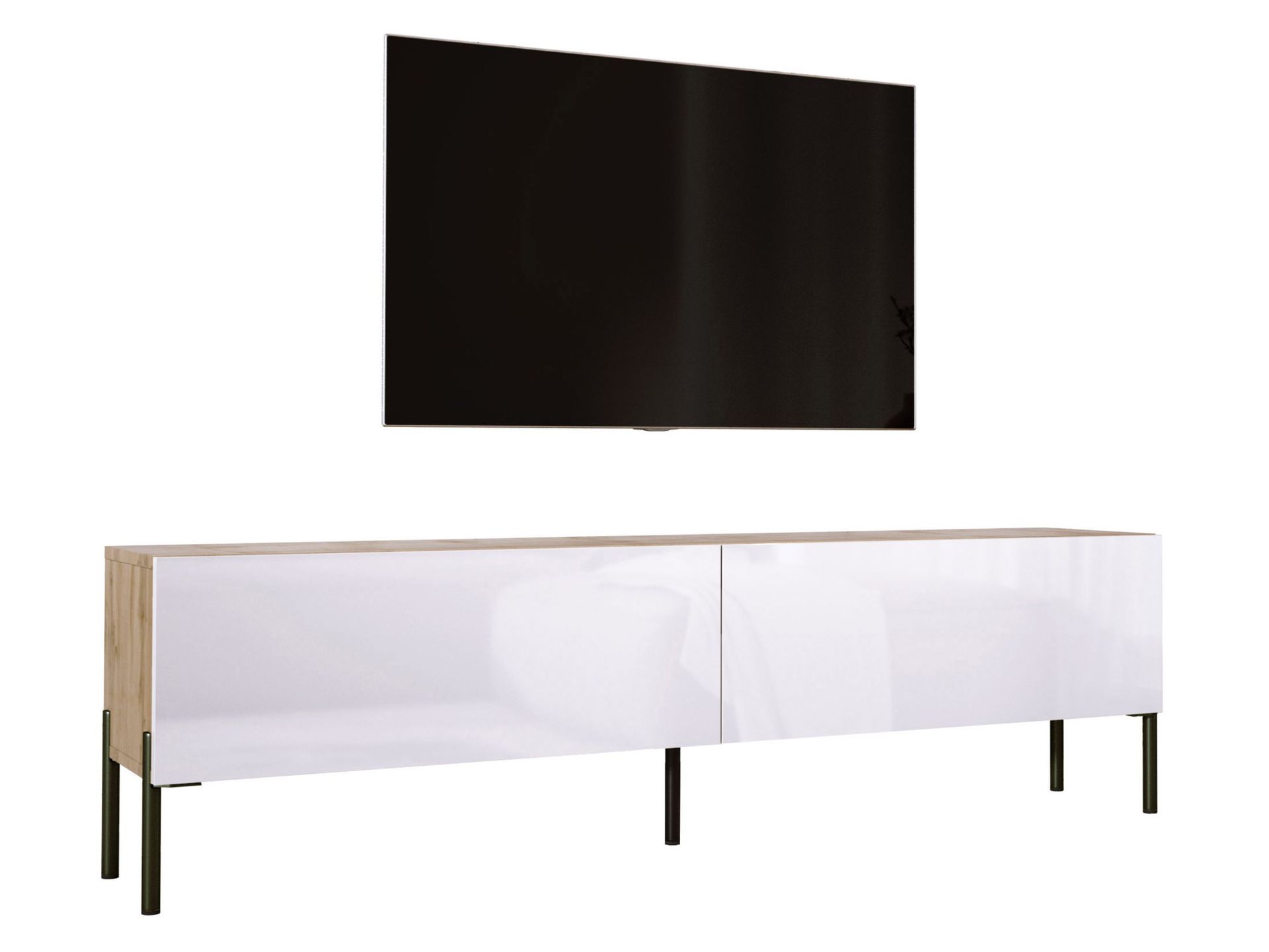 Szafka pod telewizor w kolorze dąb Wotan / biały wysoki połysk z nogami w kolorze czarnym, A: szer: 170 cm cm, wys: 52 cm, gł: 32 cm. Meble pod telewizor, stolik pod telewizor, ława pod telewizor