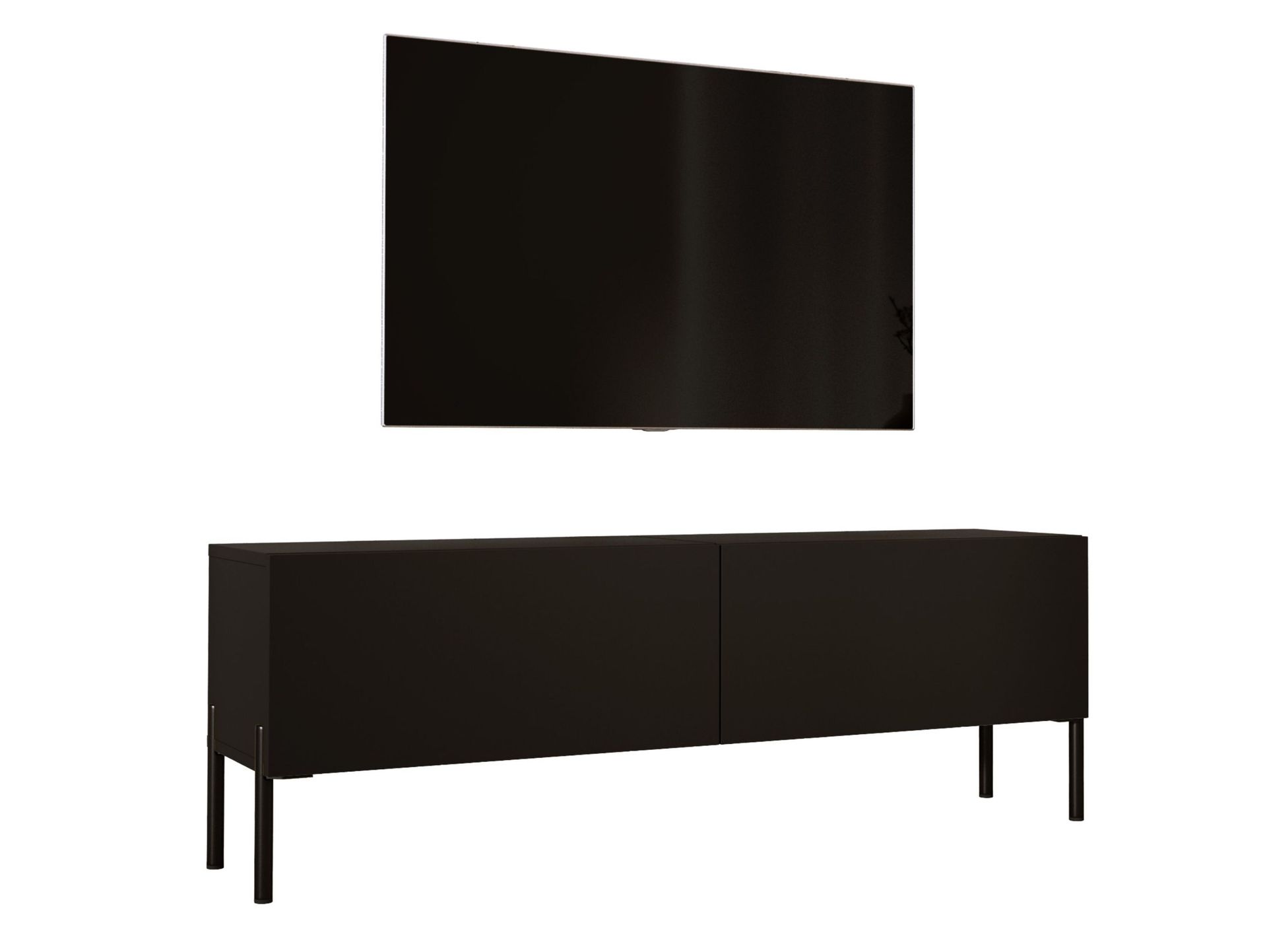 Szafka pod telewizor w kolorze czarnym matowym / czarnym błyszczącym z nogami w kolorze czarnym, A: szer: 140 cm cm, wys: 52 cm, gł: 32 cm. Meble pod telewizor, stolik pod telewizor, ława pod telewizor