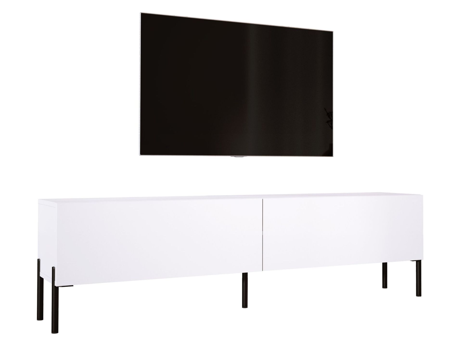 Szafka pod telewizor w kolorze białym matowym z nogami w kolorze czarnym, A: szer: 170 cm cm, wys: 52 cm, gł: 32 cm. Meble pod telewizor, stolik pod telewizor, ława pod telewizor