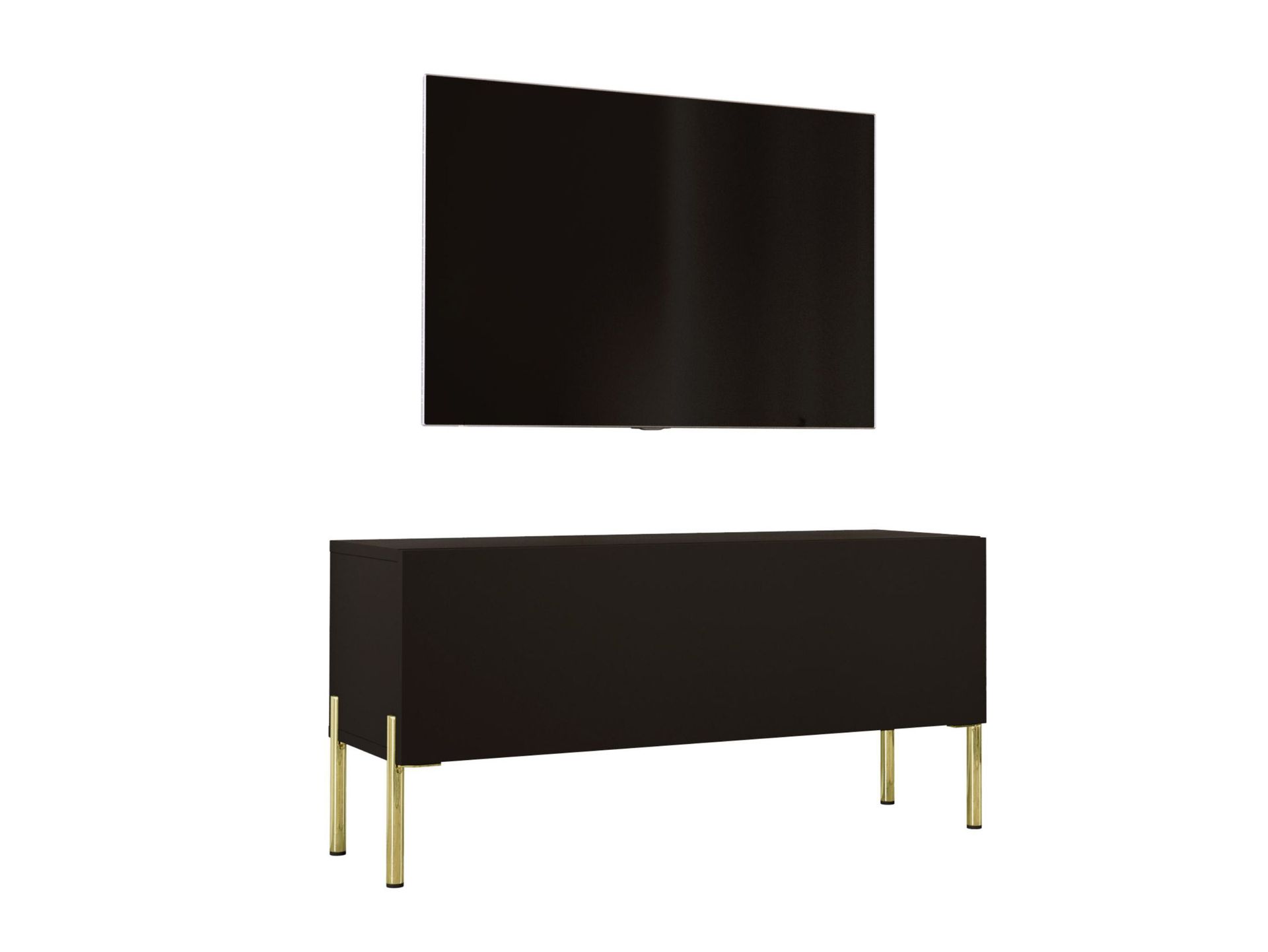 Szafka pod telewizor w kolorze czarnym matowym / czarnym błyszczącym z nogami w kolorze złotym, A: szer: 100 cm cm, wys: 52 cm, gł: 32 cm. Meble pod telewizor, stolik pod telewizor, ława pod telewizor