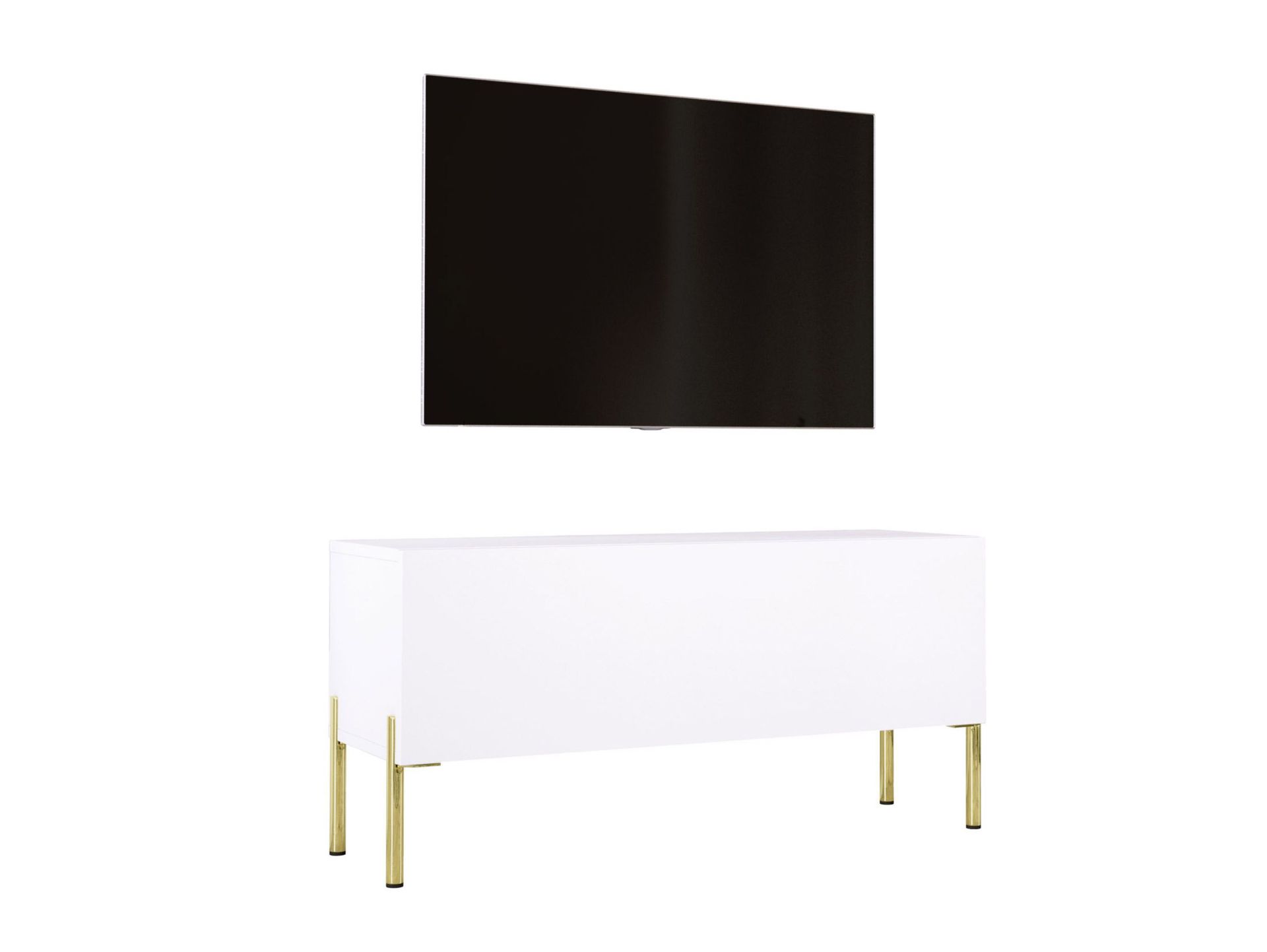 Szafka pod telewizor w kolorze białym matowym / białym błyszczącym z nogami w kolorze złotym, A: szer: 100 cm cm, wys: 52 cm, gł: 32 cm. Meble pod telewizor, stolik pod telewizor, ława pod telewizor