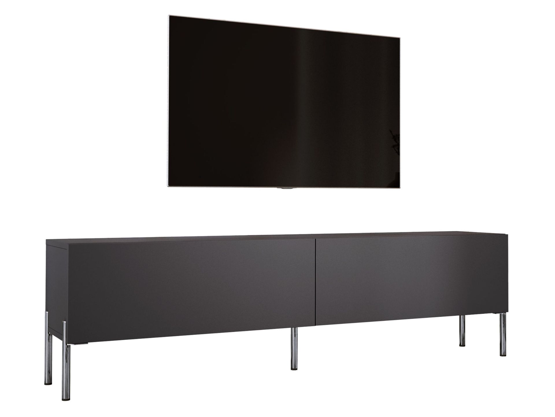 Szafka pod telewizor w kolorze antracytowym z chromowanymi nogami, A: szer: 170 cm cm, wys: 52 cm, gł: 32 cm. Meble pod telewizor, stolik pod telewizor, ława pod telewizor