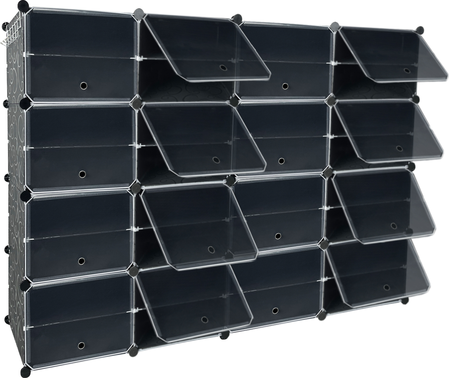 YUENFONG DIY stojak na buty z 32 pudełkami na buty Szafka na buty z magnetycznym zamknięciem Wtykowa półka, 8-poziomowy plastikowy organizer na buty do garderoby, przedpokoju, sypialni (163x32x124cm)