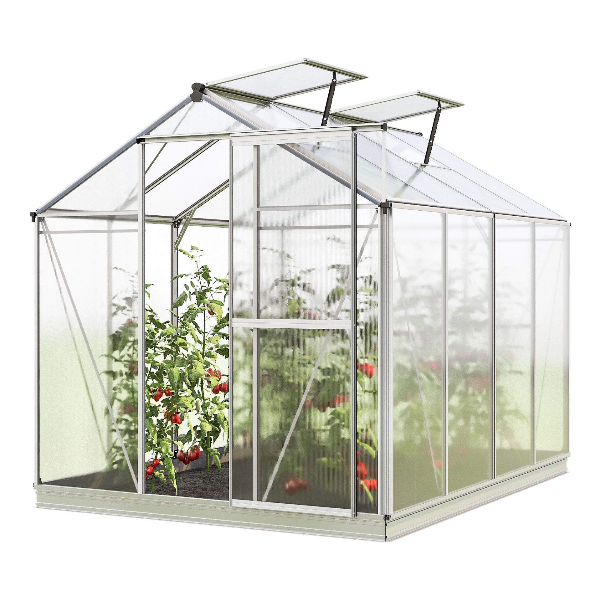 GFP Szklarnia Jasmin 4 rama aluminiowa 192 x 256 cm panele poliwęglanowe - z ramą fundamentową i 1 aut. mechanizm otwierania okien