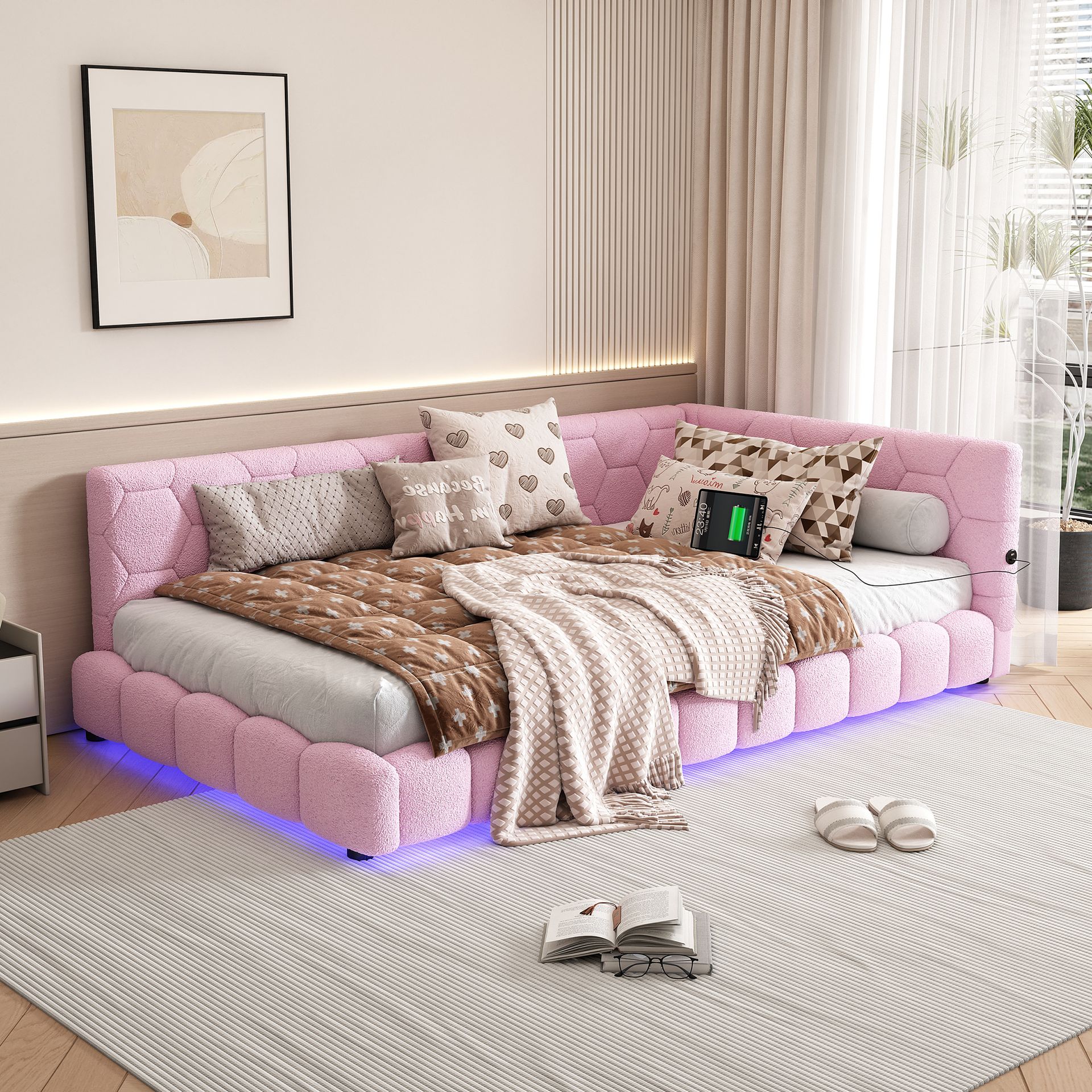 Łóżko tapicerowane Flieks 90x200cm z USB, rozkładana sofa z listwami, łóżko młodzieżowe z LED, łóżko dla gości, rozkładana sofa jednoosobowa, aksamit, różowy
