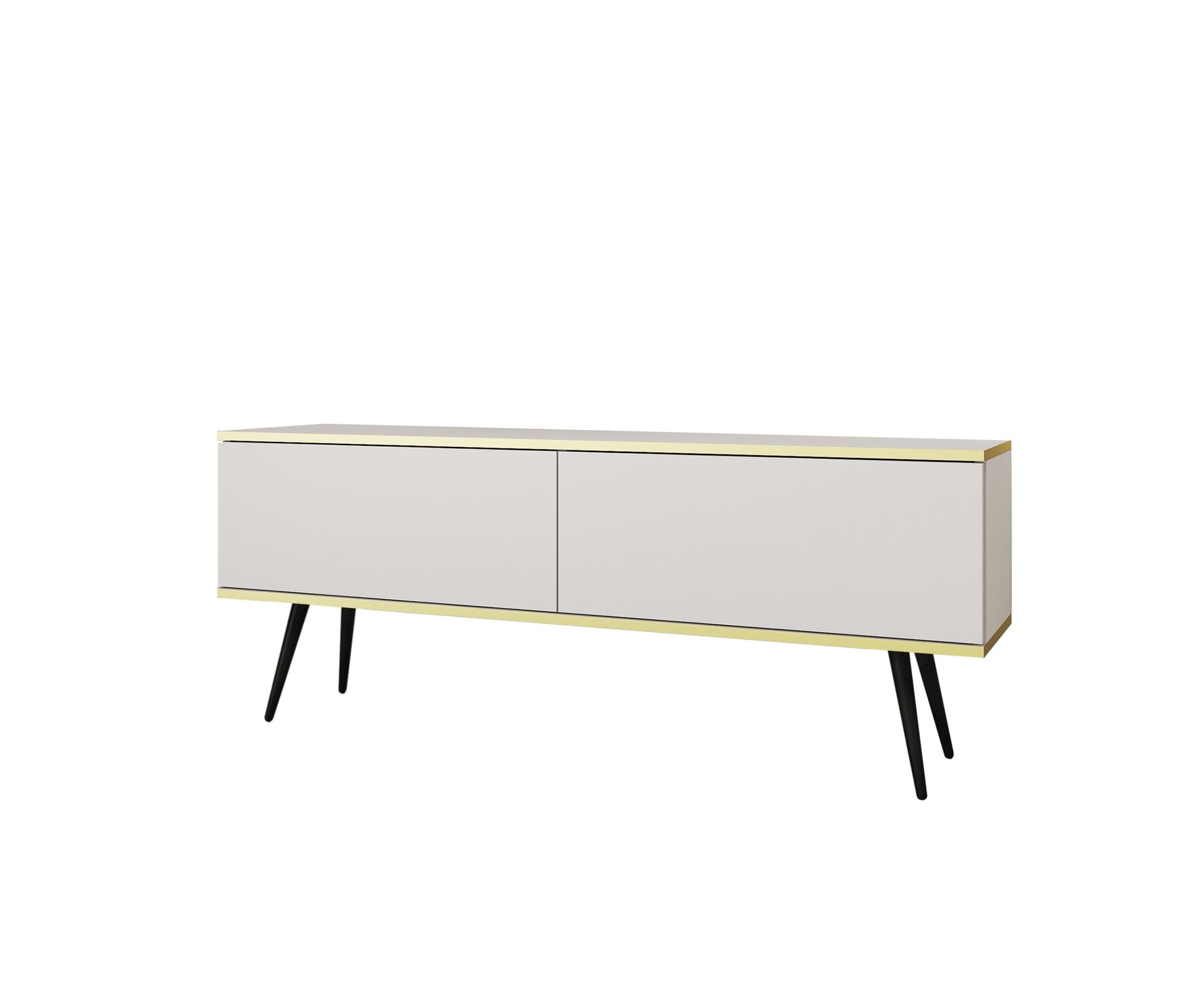 Szafka RTV Nowoczesna Mała Komoda RTV Glamour Biały Mat Nogi czarne metalowe 135 cm Złote elementy