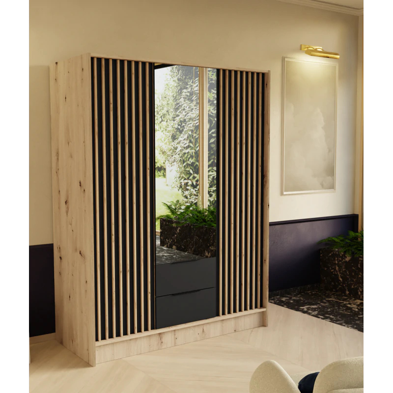 Szafa z drzwiami skrzydłowymi ORE, 3-drzwiowa szafa z 2 szufladami i lustrem, nowoczesna szafa, wymiary szafy: 150 x 200 x 51 cm