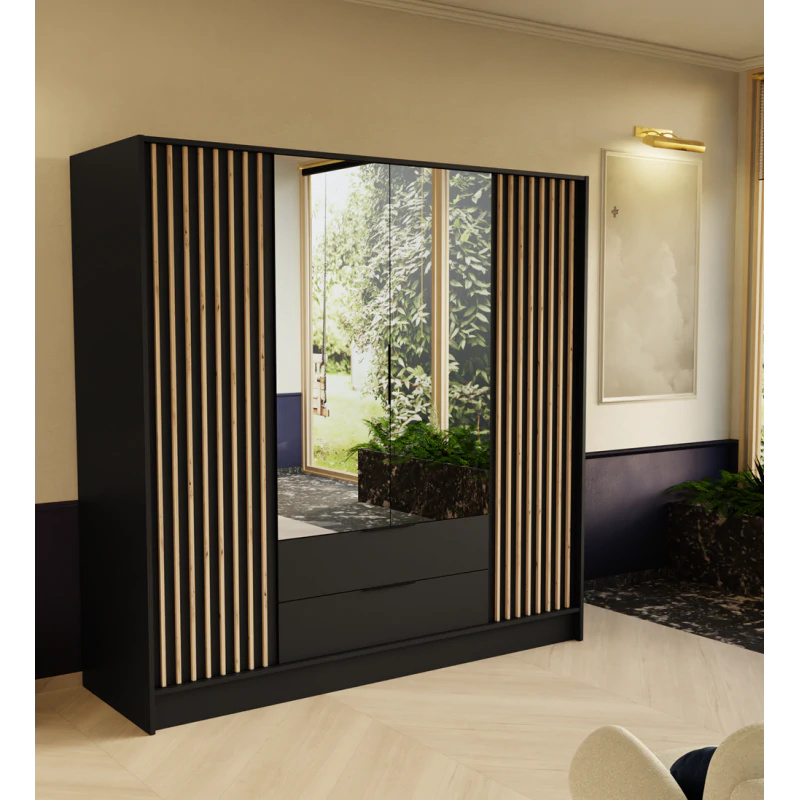 Szafa z drzwiami skrzydłowymi ORE, 4-drzwiowa szafa z 2 szufladami i 2 lustrami, nowoczesna szafa, wymiary szafy: 200 x 200 x 51 cm