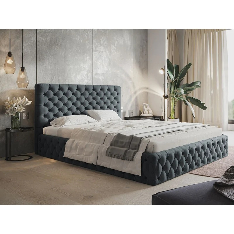 Łóżko tapicerowane SIM 8 z zagłówkiem, 140x200 cm, łóżko podwójne z podstawą łóżka i stelażem z listew wykonanych z drewna, tkanina welurowa, kolor: ciemnoszary