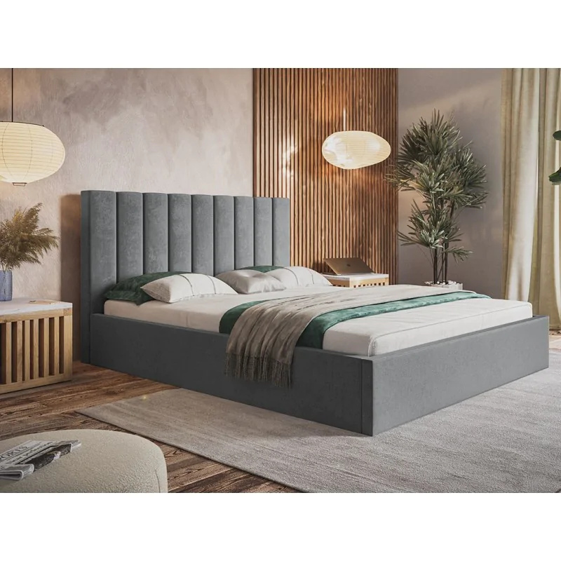Łóżko tapicerowane SIM 9 z wezgłowiem, 120x200 cm, łóżko podwójne z podstawą łóżka i stelażem z listew wykonanych z drewna, tkanina welurowa, kolor: szary
