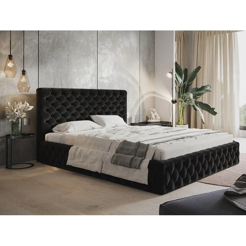 Łóżko tapicerowane SIM 8 z zagłówkiem, 120x200 cm, łóżko podwójne z podstawą łóżka i ramą z listew wykonanych z drewna, tkanina welurowa, kolor: czarny