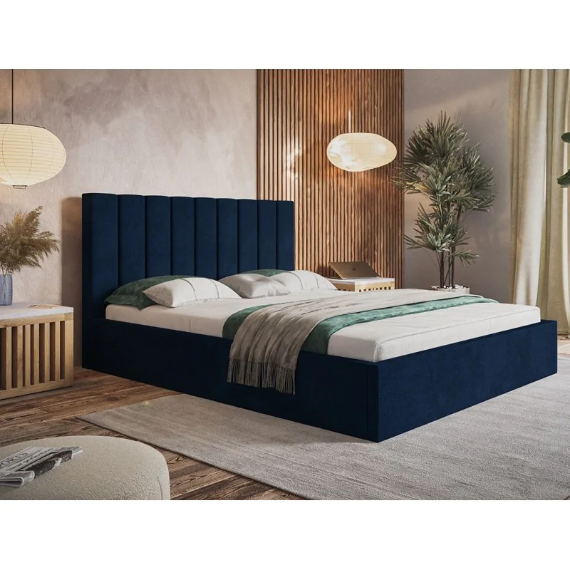 Łóżko tapicerowane SIM 9 z wezgłowiem, 140x200 cm, łóżko podwójne z podstawą łóżka i stelażem z listew wykonanych z drewna, tkanina welurowa, kolor: niebieski