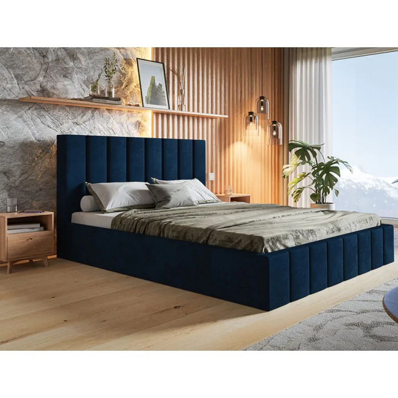 Łóżko tapicerowane SIM 10 z wezgłowiem, 120x200 cm, łóżko podwójne z podstawą łóżka i stelażem z listew drewnianych, tkanina welurowa, kolor: niebieski