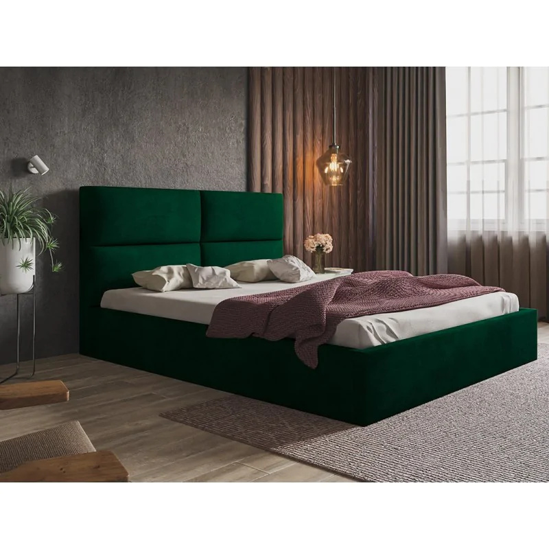 Łóżko tapicerowane SIM 6 z zagłówkiem, 140x200 cm, łóżko podwójne z podstawą łóżka i stelażem z listew wykonanych z drewna, tkanina welurowa, kolor: zielony