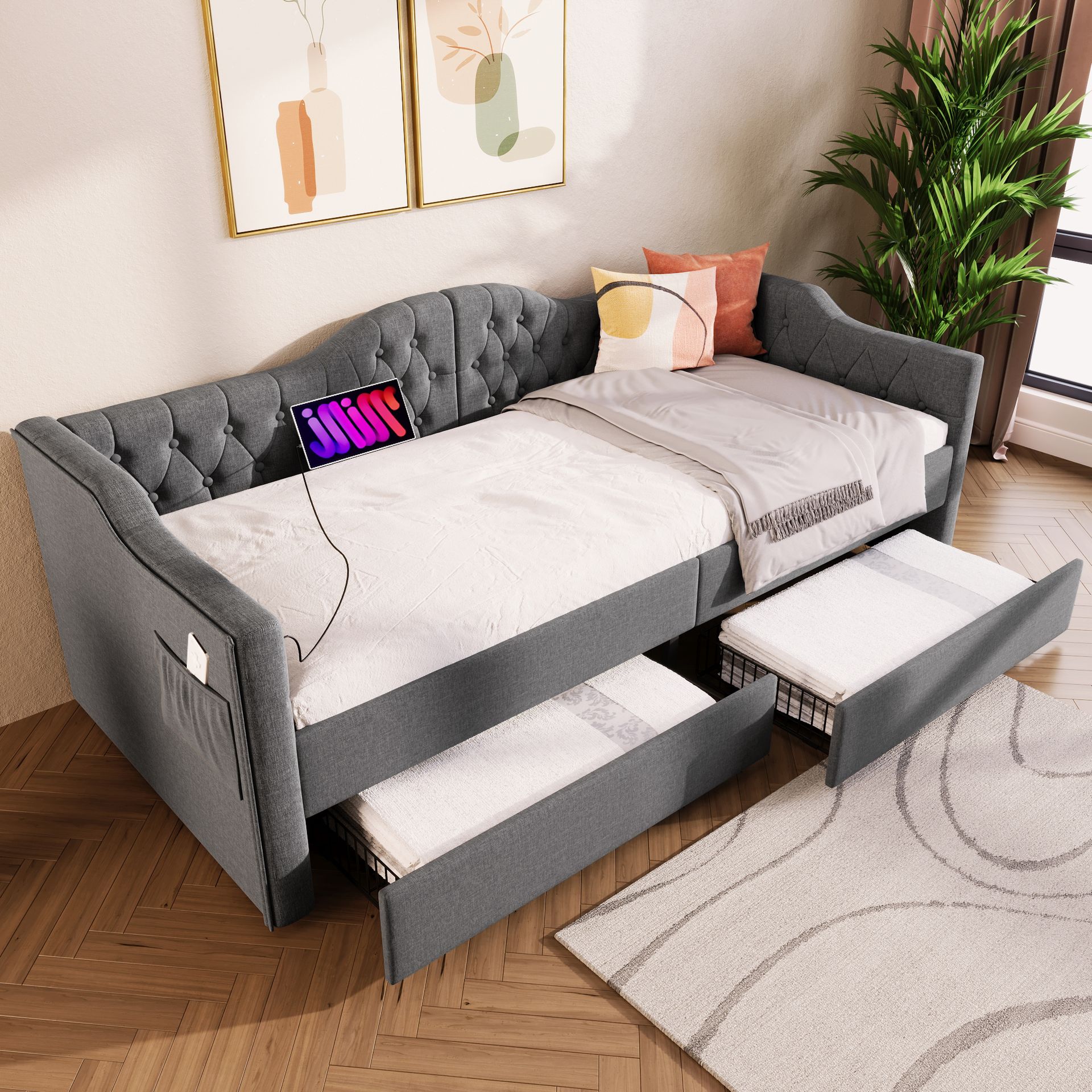 Flieks rozkładana sofa 90x200 cm z USB i typem C, tapicerowane łóżko z 2 szufladami, rozkładana sofa z listwowym stelażem, pościel, szary