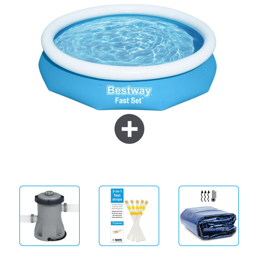 Okrągły nadmuchiwany basen Fast-Set Bestway - 305 x 66 cm - niebieski - zawiera pompkę - paski testowe - żagiel przeciwsłoneczny