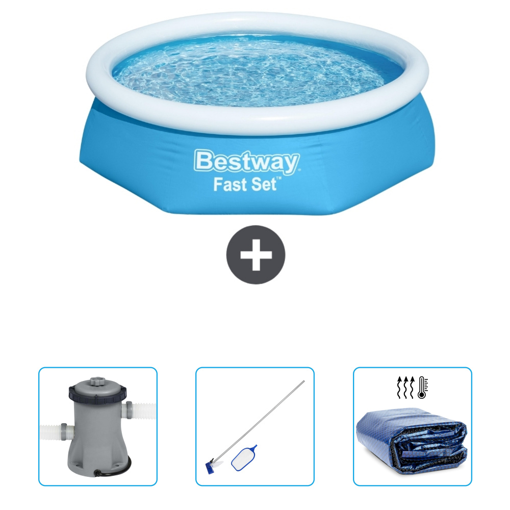 Okrągły nadmuchiwany basen Bestway - 244 x 61 cm - niebieski - zawiera pompkę - zestaw do czyszczenia - żagiel przeciwsłoneczny