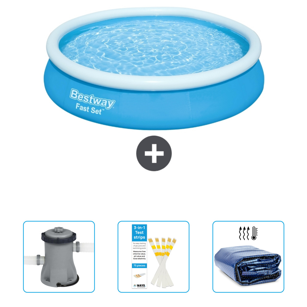 Okrągły nadmuchiwany basen Fast-Set Bestway - 366 x 76 cm - niebieski - zawiera pompkę - paski testowe - żagiel przeciwsłoneczny