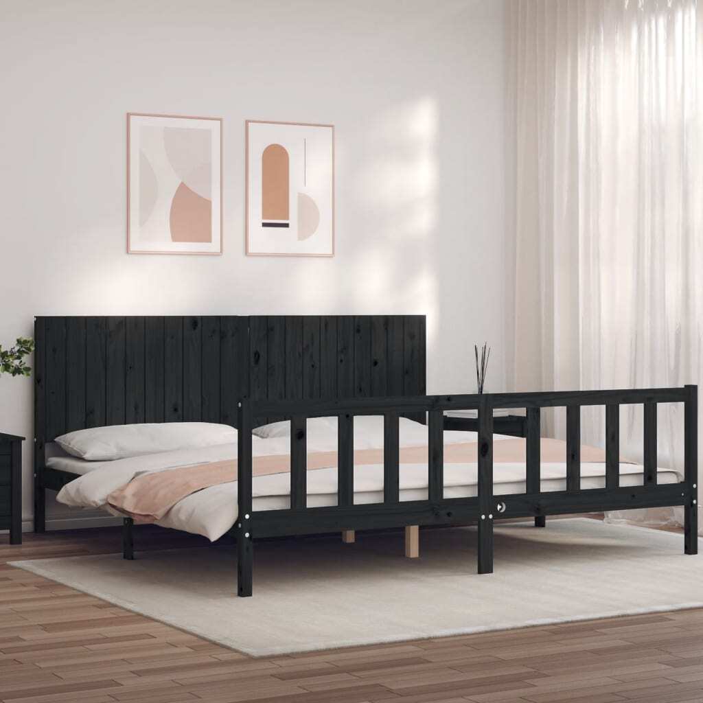 Łóżko z litego drewna z zagłówkiem czarne 200x200 cm
