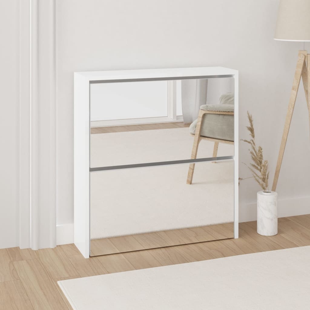Szafka na buty z lustrem 2 przegrody biały wysoki połysk 63x17x67 cm