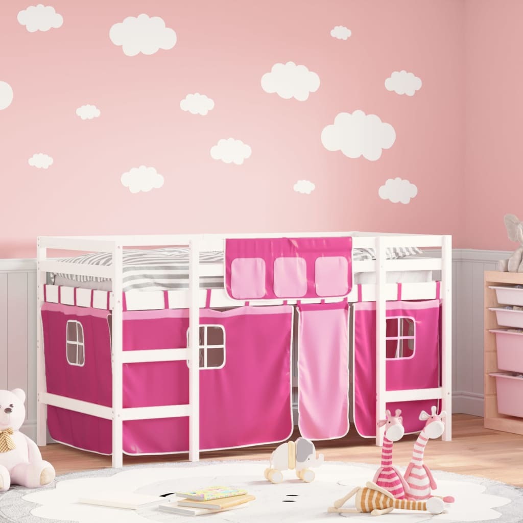 Dziecięce łóżko na poddaszu z zasłonami Różowe 90x200 cm lite drewno sosnowe