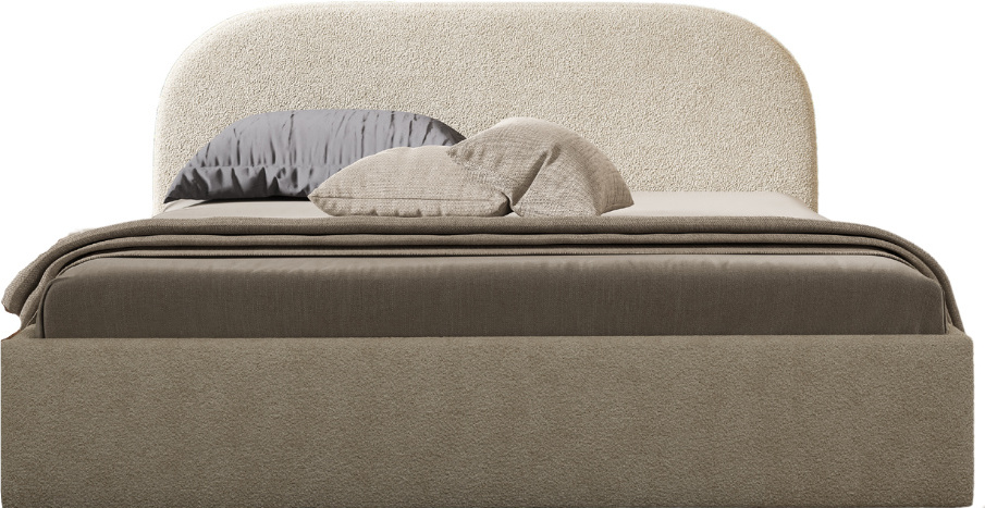 GUTTO Łóżko tapicerowane MOON beżowy 200x200 metalowa rama z listew Wysokiej jakości łóżko z tkaniny pluszowej boucle z pojemnikiem na pościel