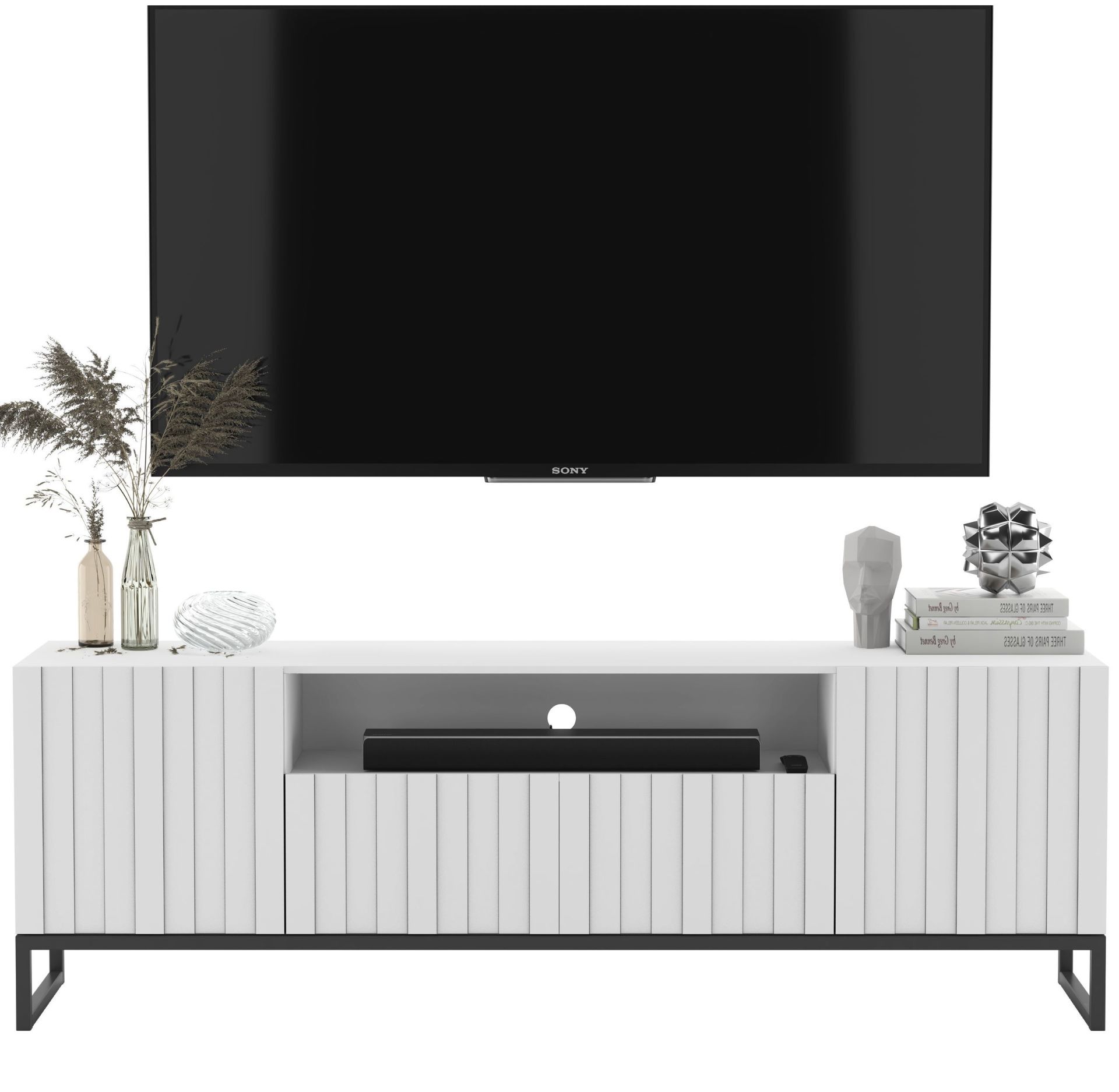 Szafka RTV Glamour Nowoczesna Komoda RTV Pólka na sprzęt RTV Biały Mat Rama Czarna 150 cm