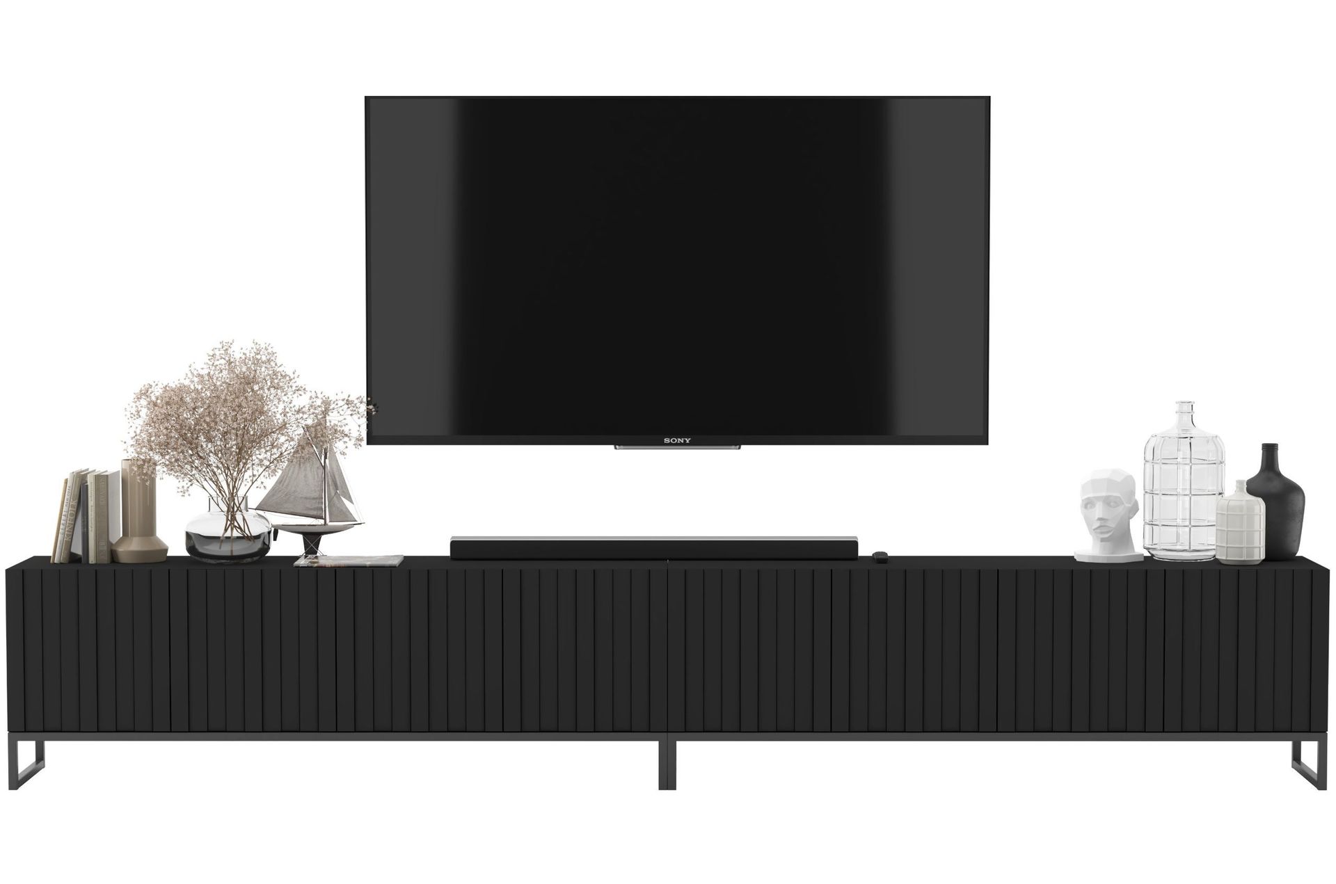 Komoda RTV Szafka RTV Glamour Czarny MAT 300 cm Ryflowane fronty Czarne Ramy