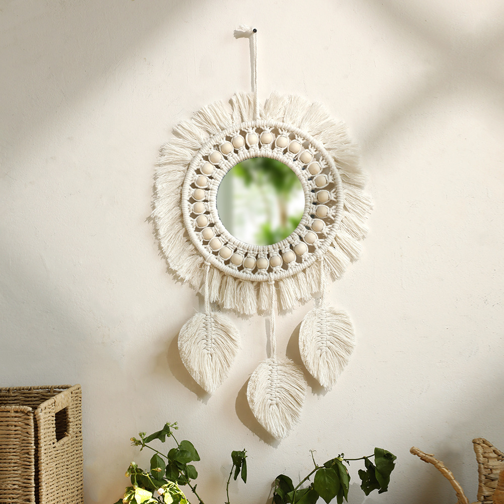 Lustro ścienne Macramé Dekoracja ścienna z tkanym liściem z frędzlami Montowane na ścianie Okrągłe lustro Boho Deco wiszące na ścianie do mieszkania Dom Sypialnia Pokój dzienny,