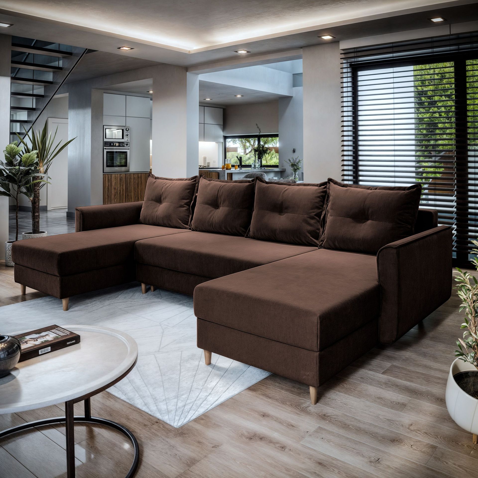 Masseno Narożnik VERNI z funkcją spania i pojemnikiem na pościel Kształt U, Rozkładana sofa, Rogówka - Brązowy, KRONOS 06