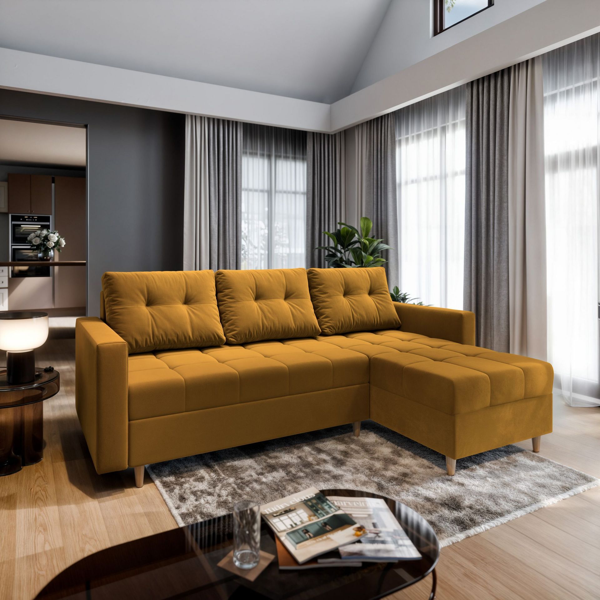 Masseno Narożnik MILO L z funkcją spania i pojemnikiem na pościel Kształt L, Rozkładana sofa, Rogówka - Żółty, KRONOS 01