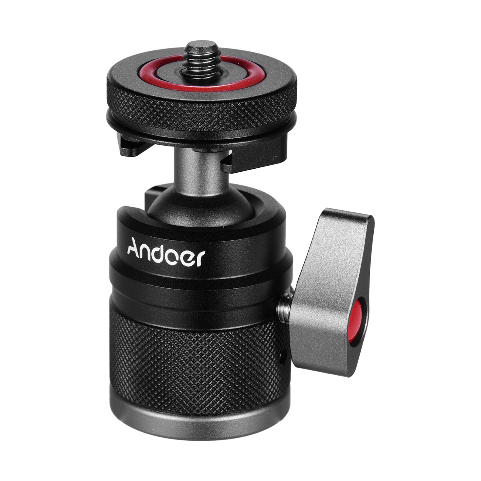 Andoer 2 w 1 Mini głowica kulowa do zimnej stopki Podwójne zastosowanie z mocowaniem 1/4 śruby do zimnej stopki Obrotowy stop aluminium 360 ′ Kompatybilny z uchwytem do aparatu Uchwyt do telefonu Statyw Speedlite Selfie Stick